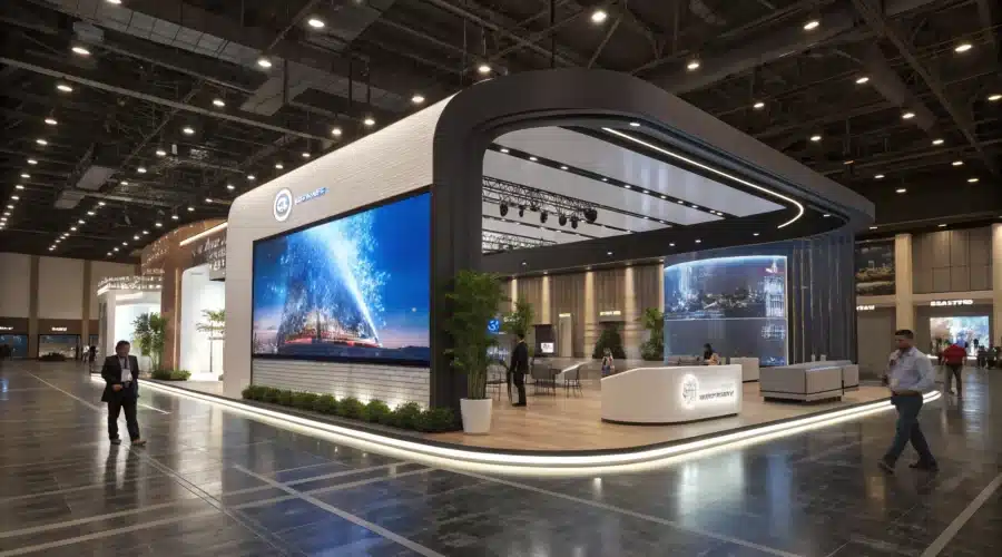 Un stand d’entreprise avec une scénographie design incluant un écran géant incurvé, visuels animés à l’écran.